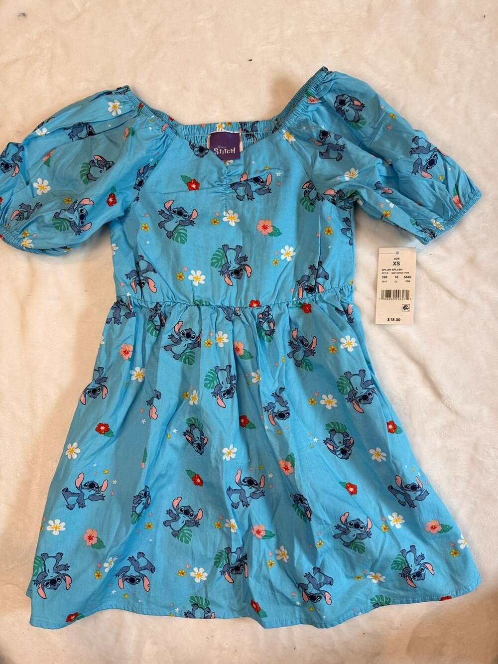 Disney Stitch Girls Blue Tropical Stitch Print Puff Sleeves Dress XS New